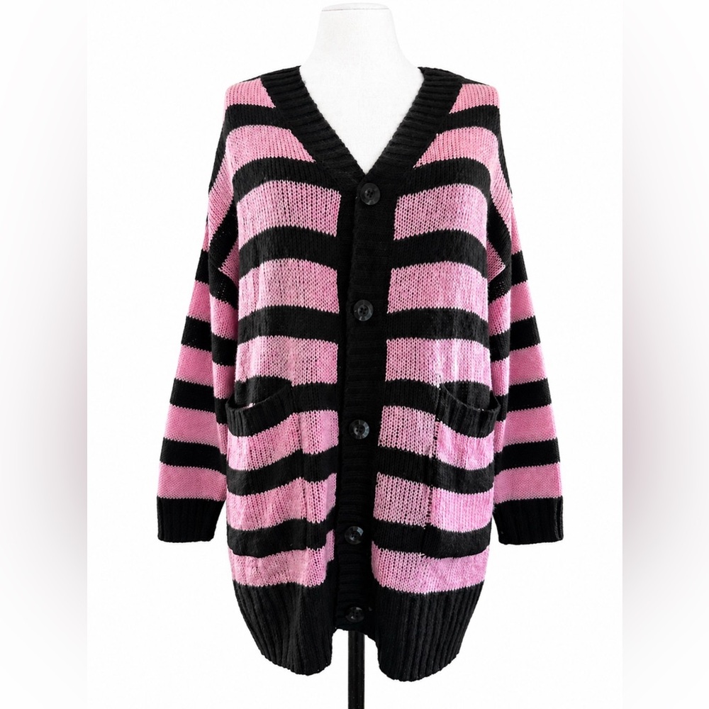 LuLaRoe Pink Black Striped Cardigan Sweater Button Front Pockets Cozy Oversized